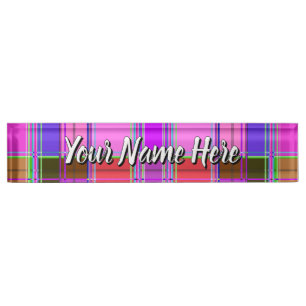Porte-nom Pour Bureau Tissu à carreaux rose motif Madras