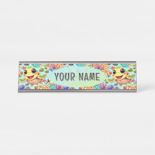Porte-nom Pour Bureau Tortue de mer Bébé heureux et mignonne personnage