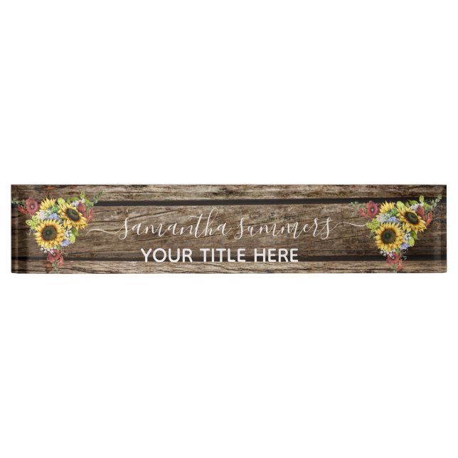 Porte-nom Pour Bureau Tournesol en bois Rustique Calligraphie Manuscrite (Devant)