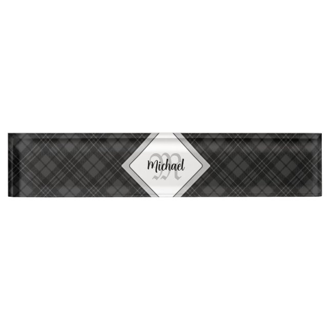Porte-nom Pour Bureau Trendy noir blanc tartan Personnaliser Monogramme (Devant)