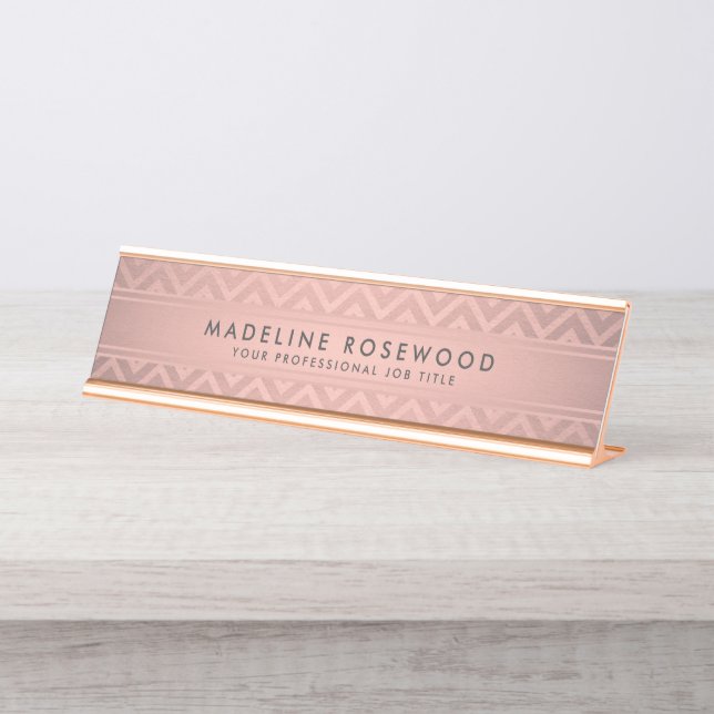Porte-nom Pour Bureau Trendy Rose Rose Or Chevron Moderne Monogramme (Devant)