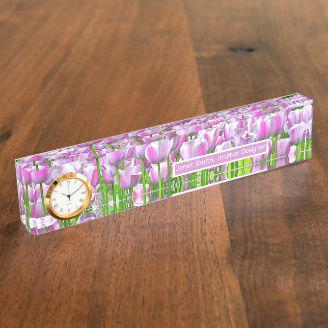 PORTE-NOM POUR BUREAU TULIP GARDEN/LAVENDER-PINK ET TULIPS BLANCS (Taille)