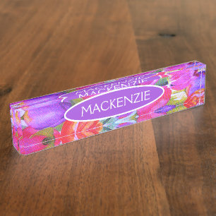 Porte-nom Pour Bureau Tulipe à l'aquarelle florale rose