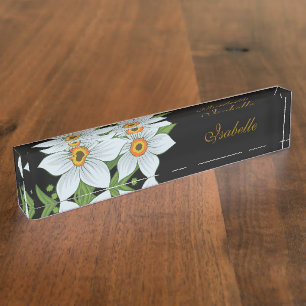 Porte-nom Pour Bureau Tulipes et jonquilles personnalisées Nom Noir