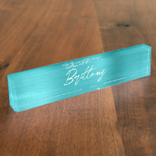 Porte-nom Pour Bureau Turquoise Bleu Ombre Feuille Moderne Brosse Script