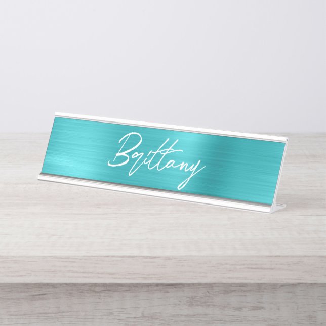 Porte-nom Pour Bureau Turquoise Blue Foil Moderne Brush Script Prénom (Devant)