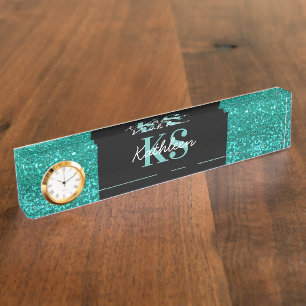Porte-nom Pour Bureau Turquoise Faux Parties scintillant Monogramme Bure