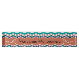 Porte-nom Pour Bureau Turquoise unique et motif de zigzag Brown