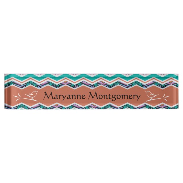 Porte-nom Pour Bureau Turquoise unique et motif de zigzag Brown (Devant)