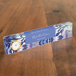 Porte-nom Pour Bureau Typographie florale Bleu Chic