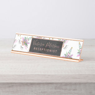 Porte-nom Pour Bureau Unicorne florale mignonne moderne