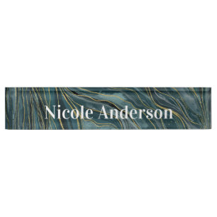 Porte-nom Pour Bureau Vagues aquarelles abstraites bleu sarcelle or