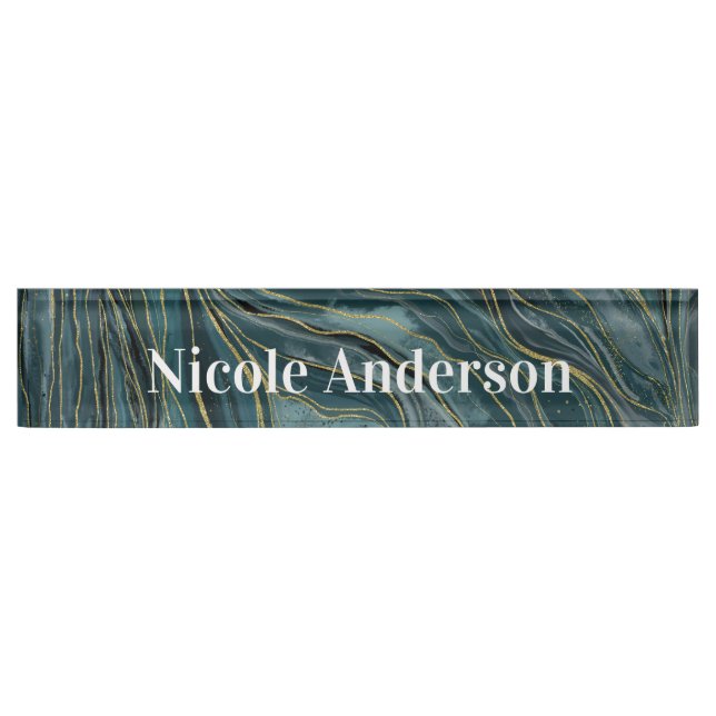 Porte-nom Pour Bureau Vagues d'aquarelle Abstraite turquoise Blue Gold (Devant)