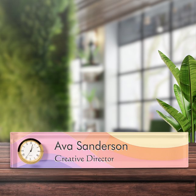 Porte-nom Pour Bureau Vagues pastel élégantes jolies (An elegant name plate for your desk, with a colorful pastel wavy background)