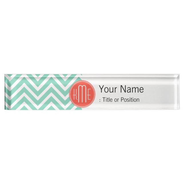 Porte-nom Pour Bureau Vert chic Chevron d'Aqua et monogramme fait sur (Devant)