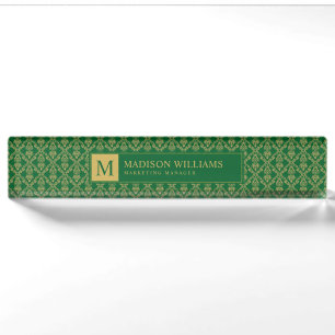 Porte-nom Pour Bureau Vert émeraude et or, motif damassé sans couture