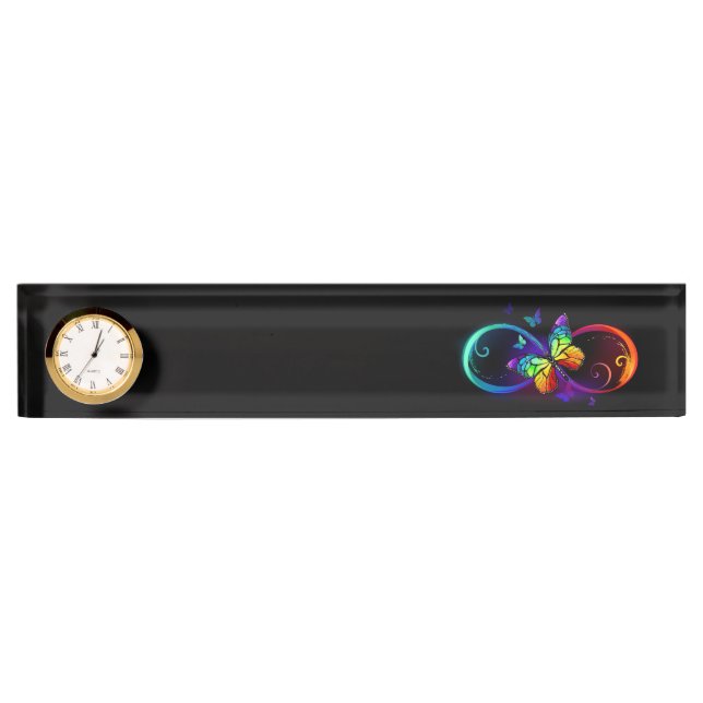 Porte-nom Pour Bureau Vibrant infinity with rainbow butterfly on black (Devant)