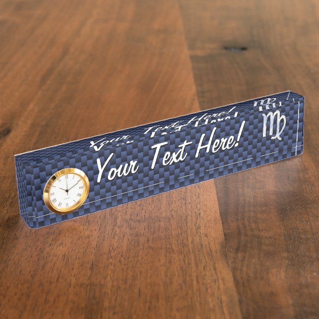 Porte-nom Pour Bureau Virgo Zodiac Sign on Navy Blue Carbon Fiber Print (Taille)