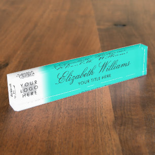 Porte-nom Pour Bureau Votre Logo Classy Élégant Script Turquoise Frais