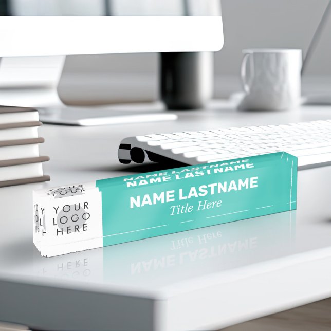 Porte-nom Pour Bureau Votre logo Modern Bold Nom Titre Simple Turquoise (Créateur téléchargé)