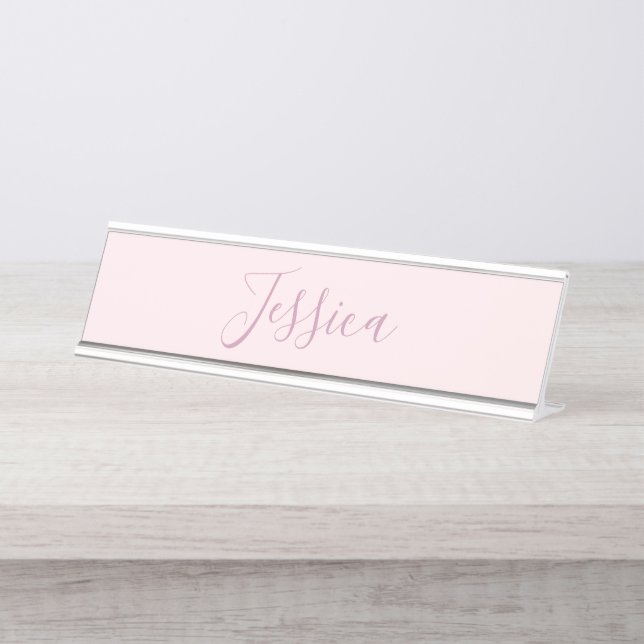 Porte-nom Pour Bureau Votre texte | Élégant Script & Soft Blush Rose (Devant)