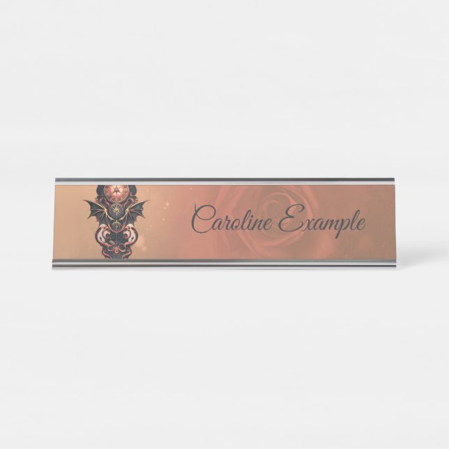 Porte-nom Pour Bureau Voyage mystique de temps avec ailes, montre steamp (Devant)