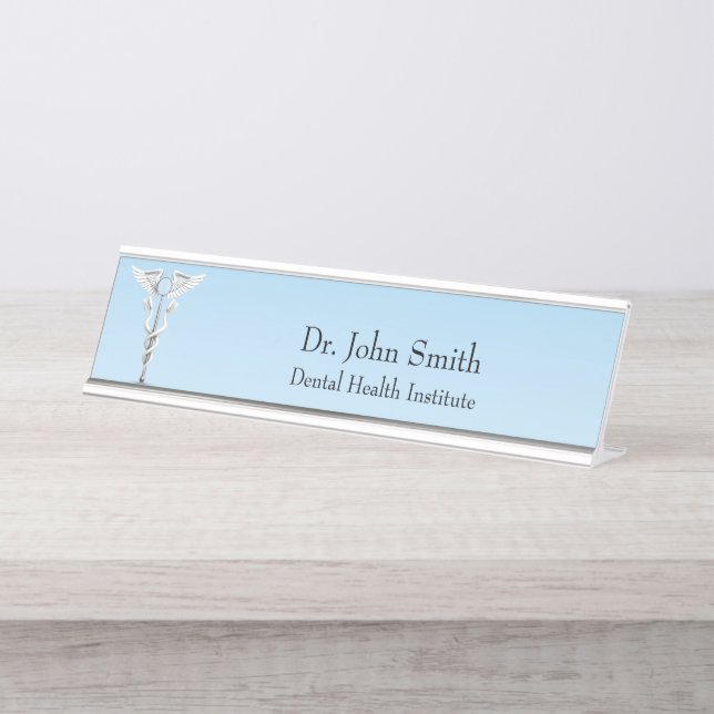 Porte-nom Pour Bureau White Caduceus Dental Médicale Miroir Toothbrush (Devant)