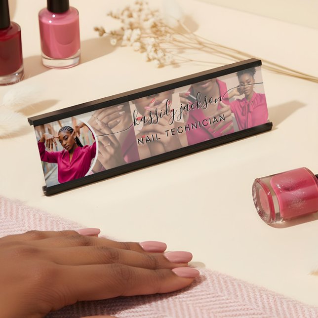 Porte-nom Pour Bureau White Modern Photo Collage Script Calligraphie Nom (White Modern Photo Collage Script Calligraphy Name Desk Name Plate)