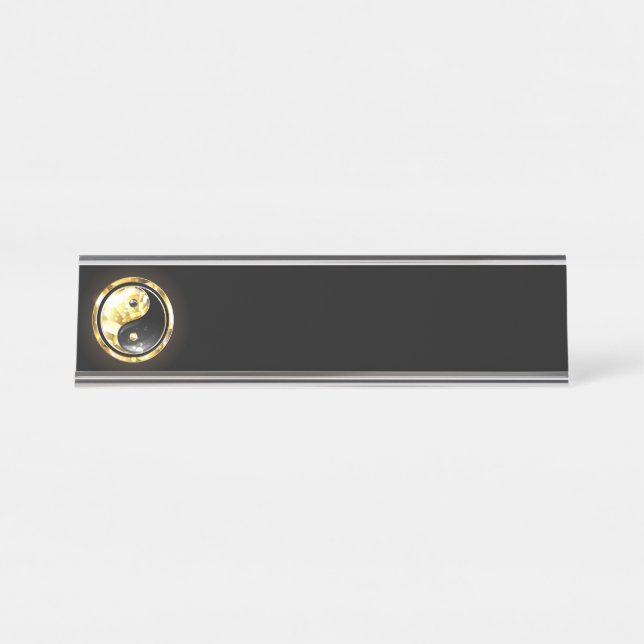 Porte-nom Pour Bureau Yin Yang or sur noir (Devant)