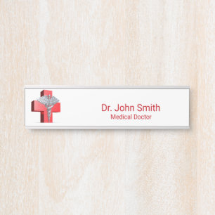 Porte-nom Pour Porte Croix médicale caducée 3D argentée rouge
