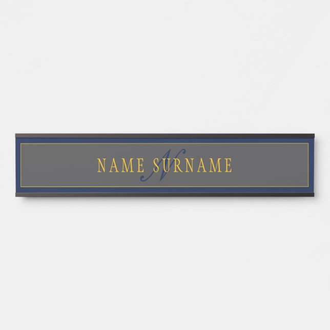 Porte-nom Pour Porte Élégant Script Monogram Dark Navy Blue Grey & Gold (Devant)