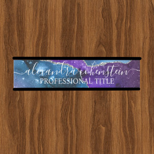 Porte-nom Pour Porte Enseigne de porte de bureau en agate marbrée bleu 