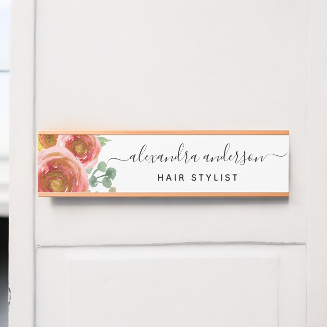 Porte-nom Pour Porte Floral Elégant Aquarelle Moderne Pastel Blush Rose (Créateur téléchargé)