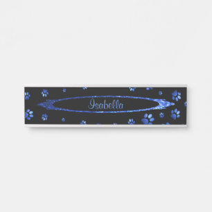 Porte-nom Pour Porte Motif de patte de chien pailleté bleu Monogramme
