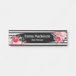 Porte-nom Pour Porte Panneau de porte de bureau Fleurs florales noir et