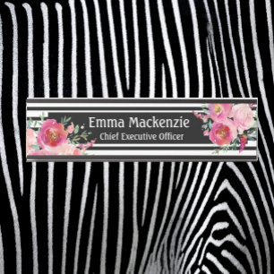 Porte-nom Pour Porte Panneau de porte de bureau Fleurs florales noir et