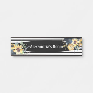 Porte-nom Pour Porte Panneau de porte de fille fleurs florales noir et