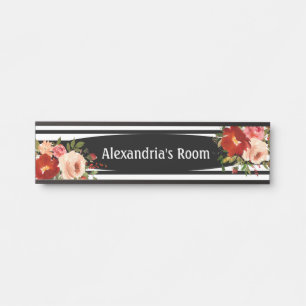 Porte-nom Pour Porte Panneau pour chambre de fille fleurs floraux noir