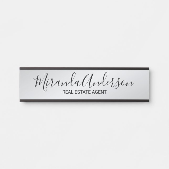 Porte-nom Pour Porte Script moderne professionnel noir et argent (Devant)