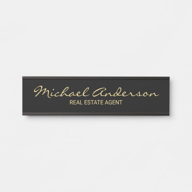 Porte-nom Pour Porte Script moderne professionnel noir et or (Devant)