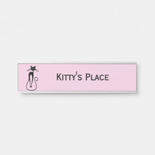 Porte-nom Pour Porte Whimsical Skinny Chat noir rose