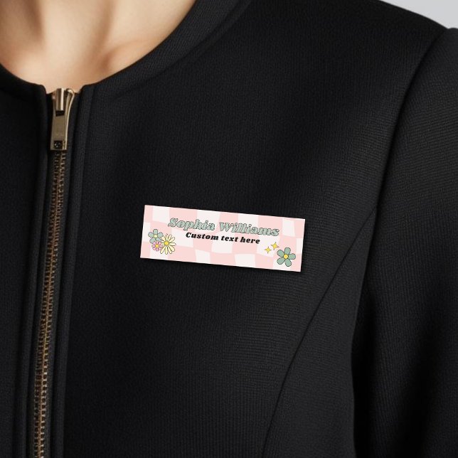 Porte-nom Rétro rose damier ondulé  (Créateur téléchargé)