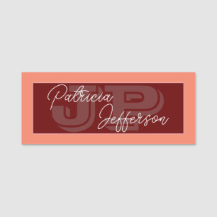 Porte-nom Rose Corail Rouge Foncé Monogrammé Main Levée