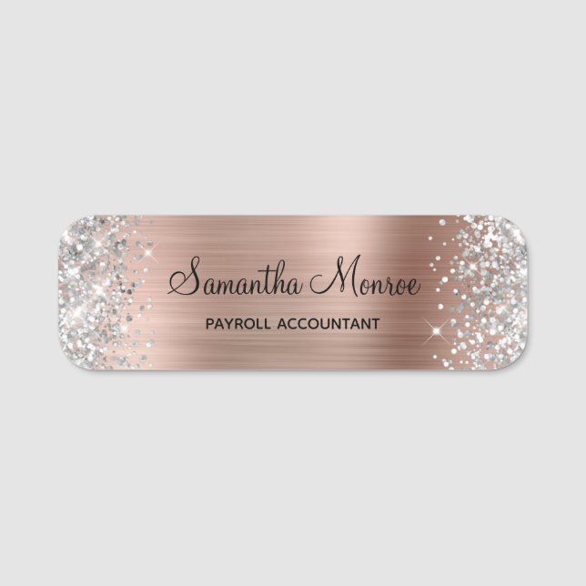Porte-nom Rose Gold Pailleté Argent Nom Titre (Devant)