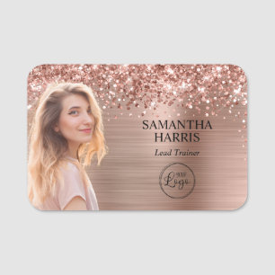 Porte-nom Rose Gold Pailleté Découpe de Photo et Logo