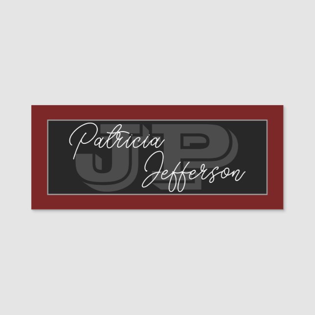 Porte-nom Rouge Foncé, Noir Et Blanc : Monogramme manuscrit (Devant)