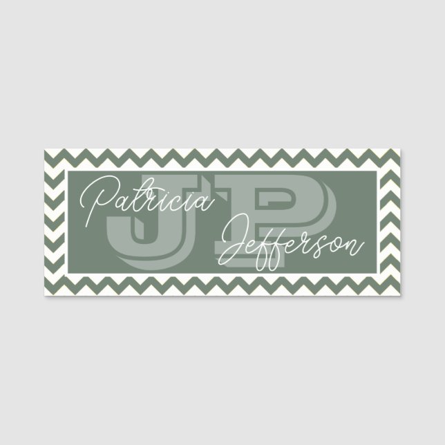Porte-nom Sage Vert Mode Chevron Monogramme Unique (Devant)