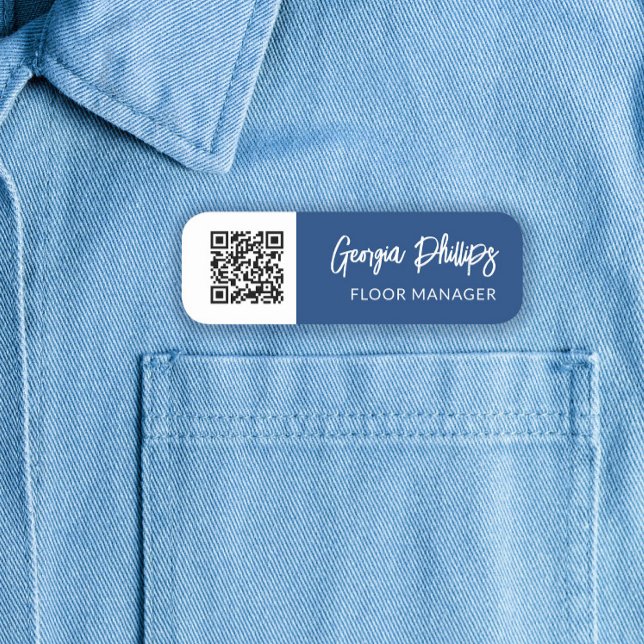 Porte-nom Script de brosse de code QR bleu et blanc (Créateur téléchargé)