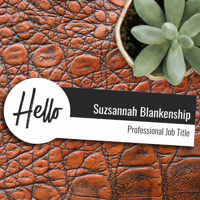 Porte-nom Script professionnel blanc et noir Hello (Créateur téléchargé)