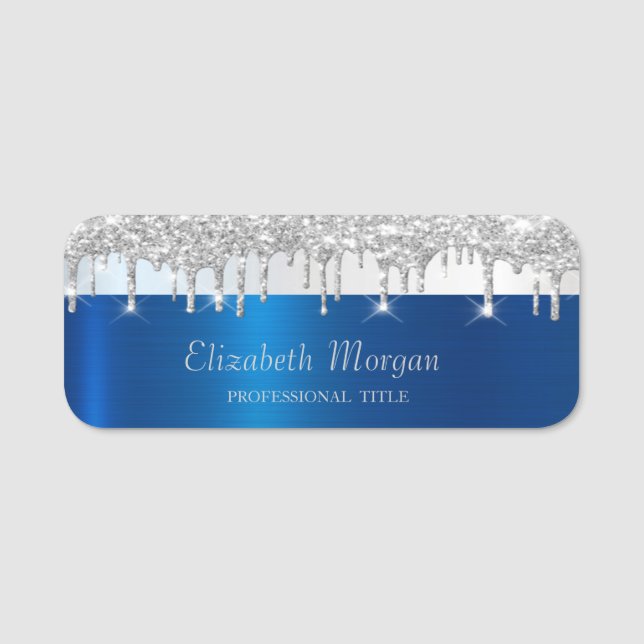 Porte-nom Silver Glitter Drips Stripe Blue Metallic (Devant)
